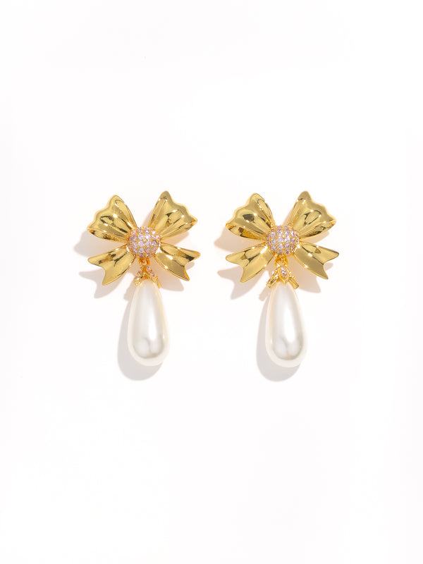 Classic French Style Bow Pearl Dangling Earrings