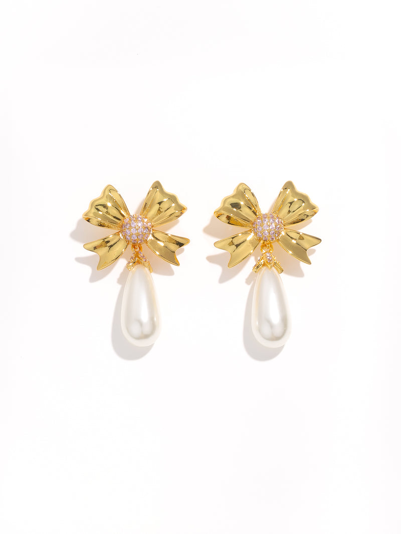 Classic French Style Bow Pearl Dangling Earrings