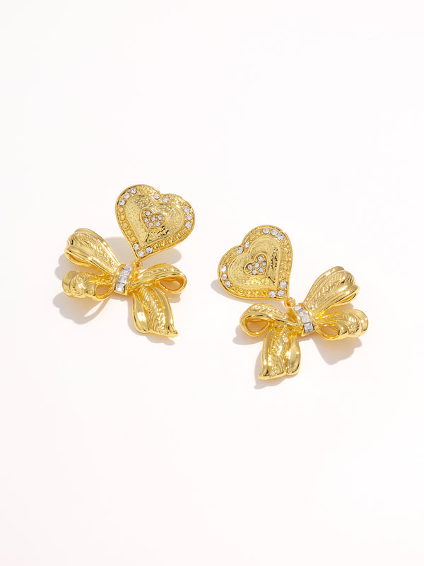 Medieval Vintage Rhinestone Heart Bow Drop Party Earrings