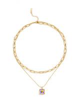 Fashion Block Gemstone Pendant Double Chain Gold Necklace