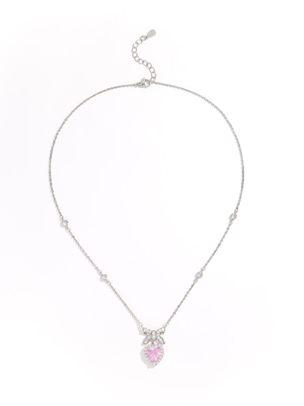 Luxury Diamond Decor Bow Pink Gem Silver Necklace