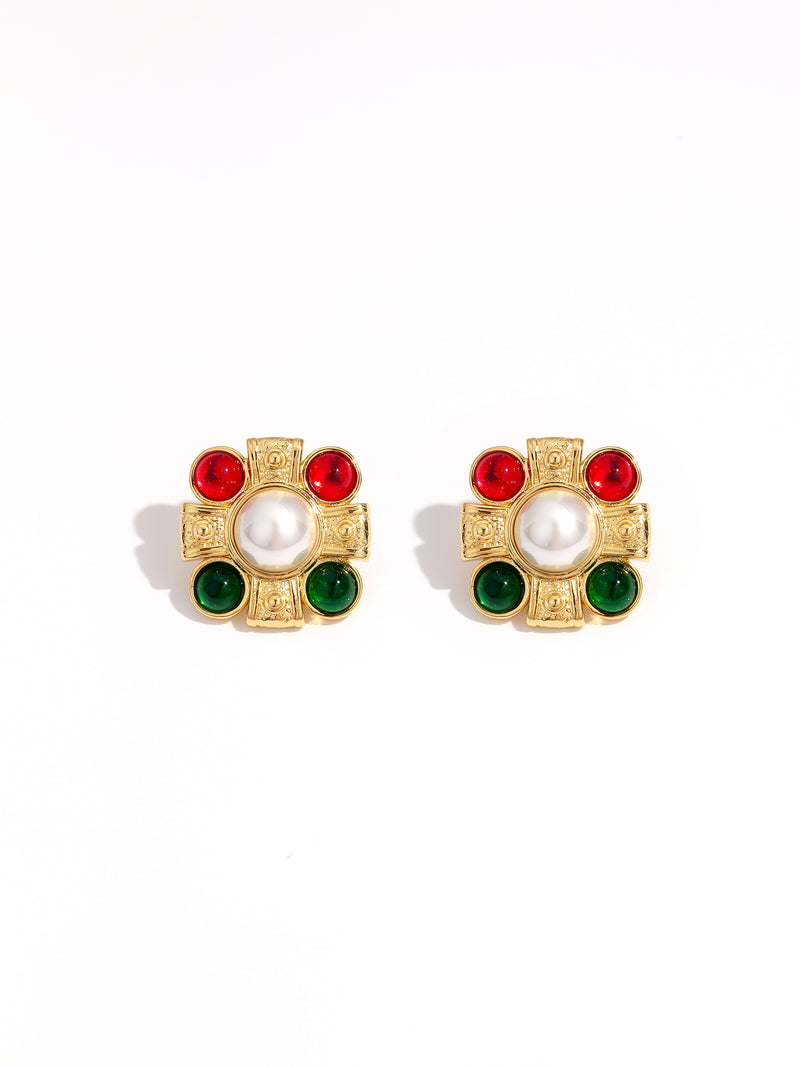 Cross Pearl Square Rhinestone Vintage Stud Earrings