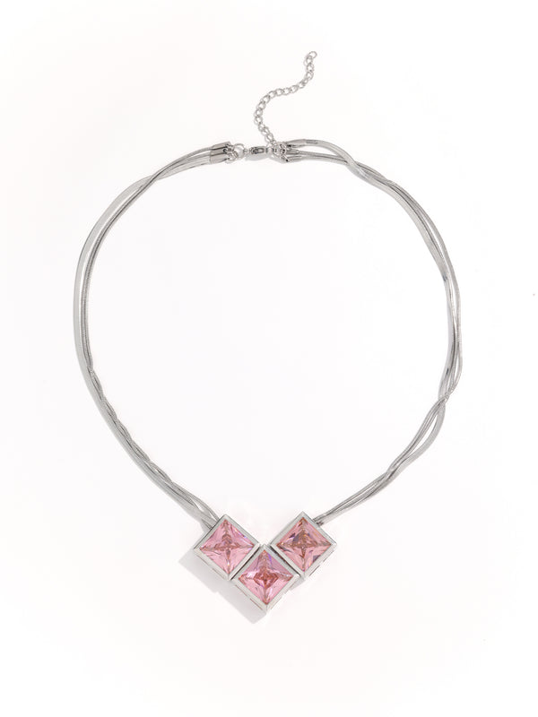 Gorgeous Silk Silver Pink Crystal Square Pendant Necklace