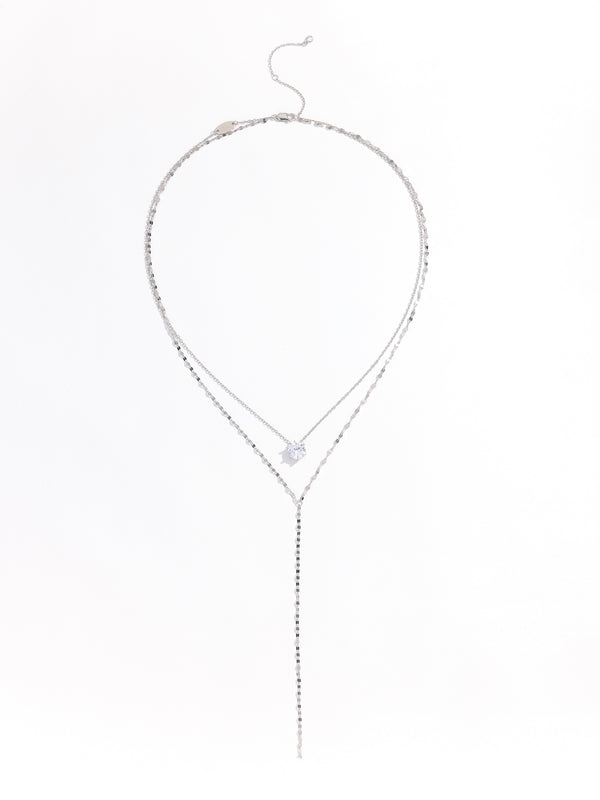 Luxury Bead Diamond Pendant Silver Double Chain Necklace