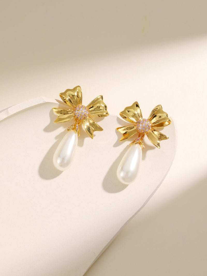 Classic French Style Bow Pearl Dangling Earrings