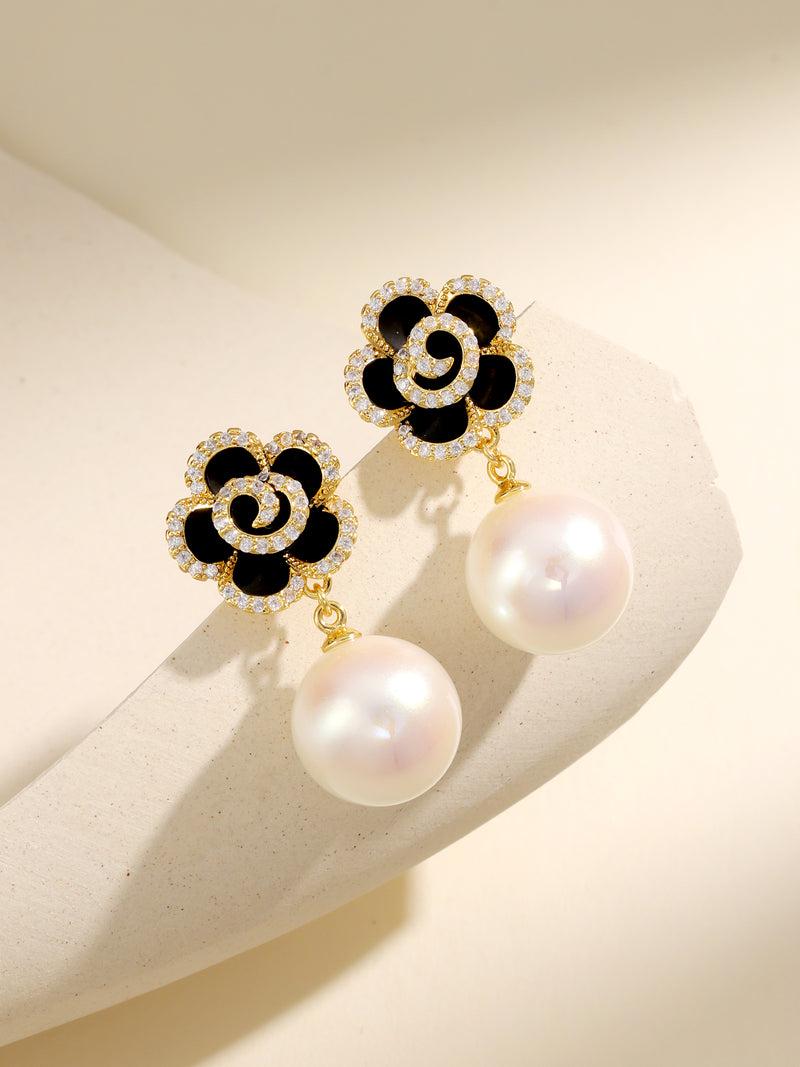 Elegant Camellia Pearl Drop Earrings