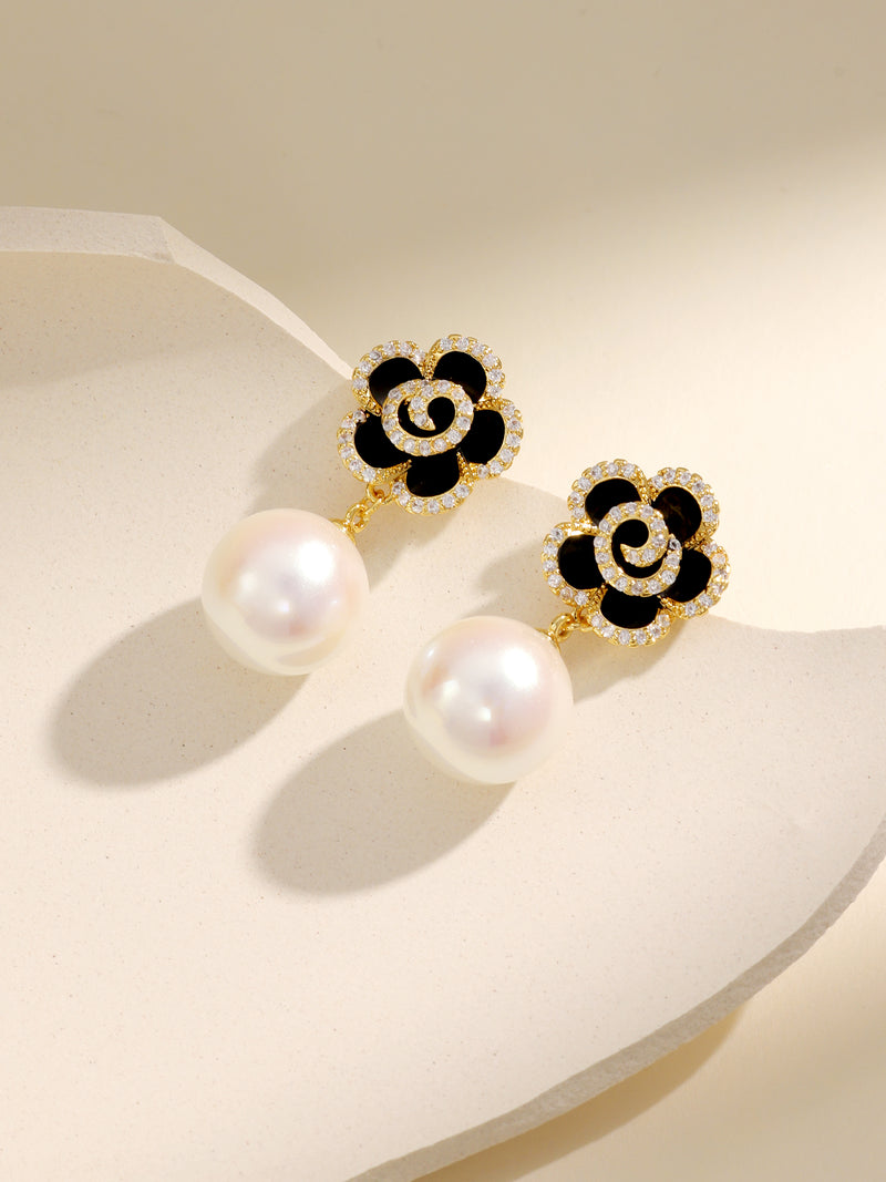 Elegant Camellia Pearl Drop Earrings