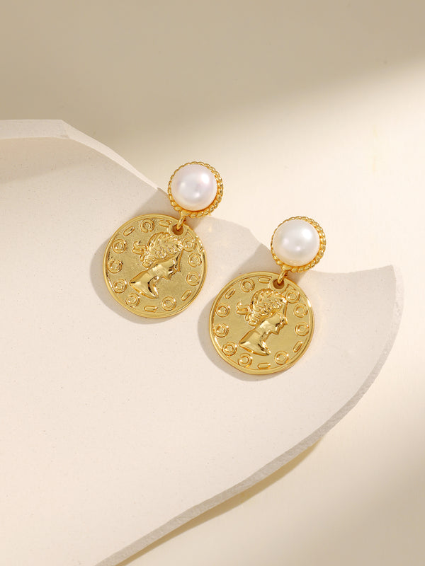 Cultured Pearl Decor Coin Drop Earrings