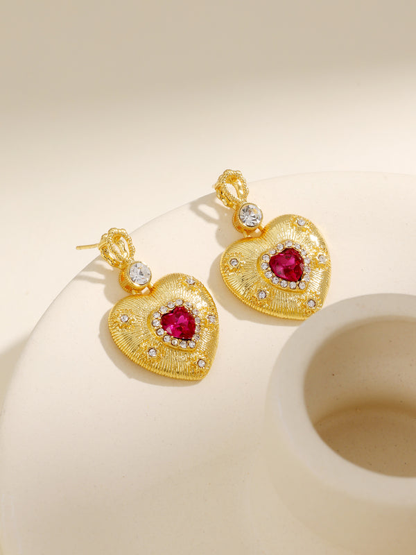 Golden Ruby Diamond Heart Shape Dangle Earrings