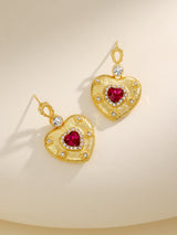 Golden Ruby Diamond Heart Shape Dangle Earrings
