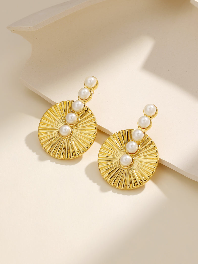 Fashion Round Multi Pearl Decor Disc Coin Stud Earrings