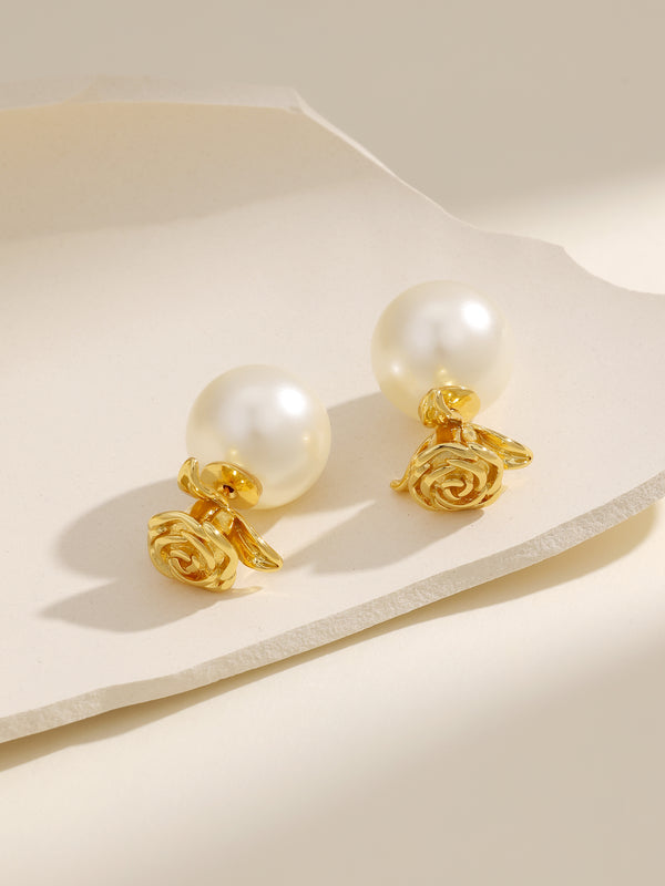 Yellow Gold Rose Flower Pearl Stud Earrings