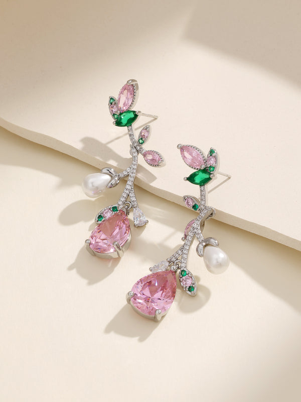 Silver Needle Elegant Water Drop Flower Branch Earrings