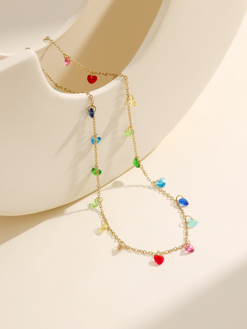 Bohemian Colorful Small Crystal Heart Dangling Necklace