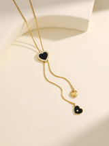 Delicate Jet Black Heart Inlay Dangling Pendant Long Necklace
