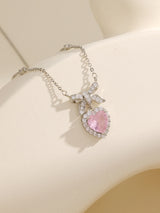 Luxury Diamond Decor Bow Pink Gem Silver Necklace