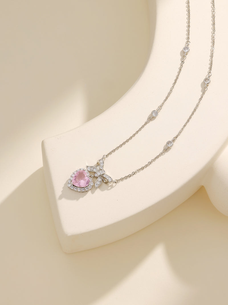 Luxury Diamond Decor Bow Pink Gem Silver Necklace