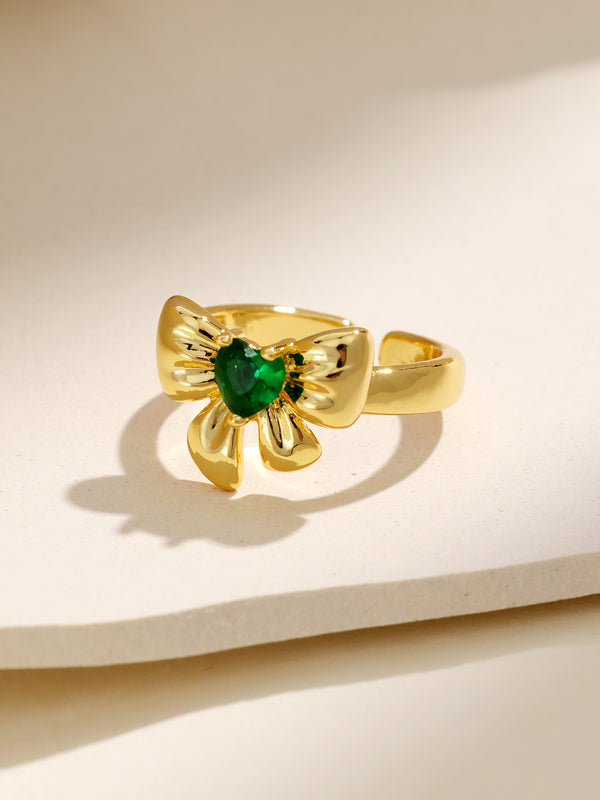 Brilliant Emerald Heart Decor Bow Gold Ring