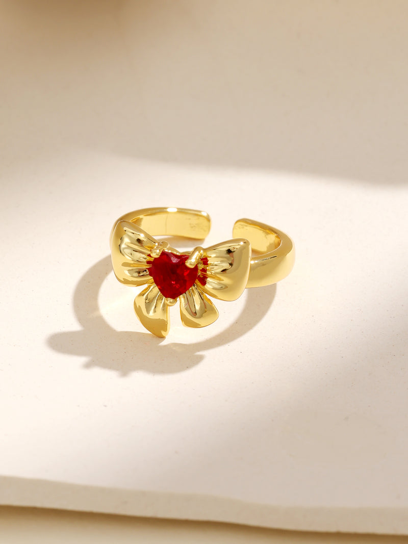 Brilliant Ruby Heart Decor Bow Gold Ring