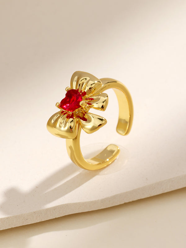Brilliant Ruby Heart Decor Bow Gold Ring