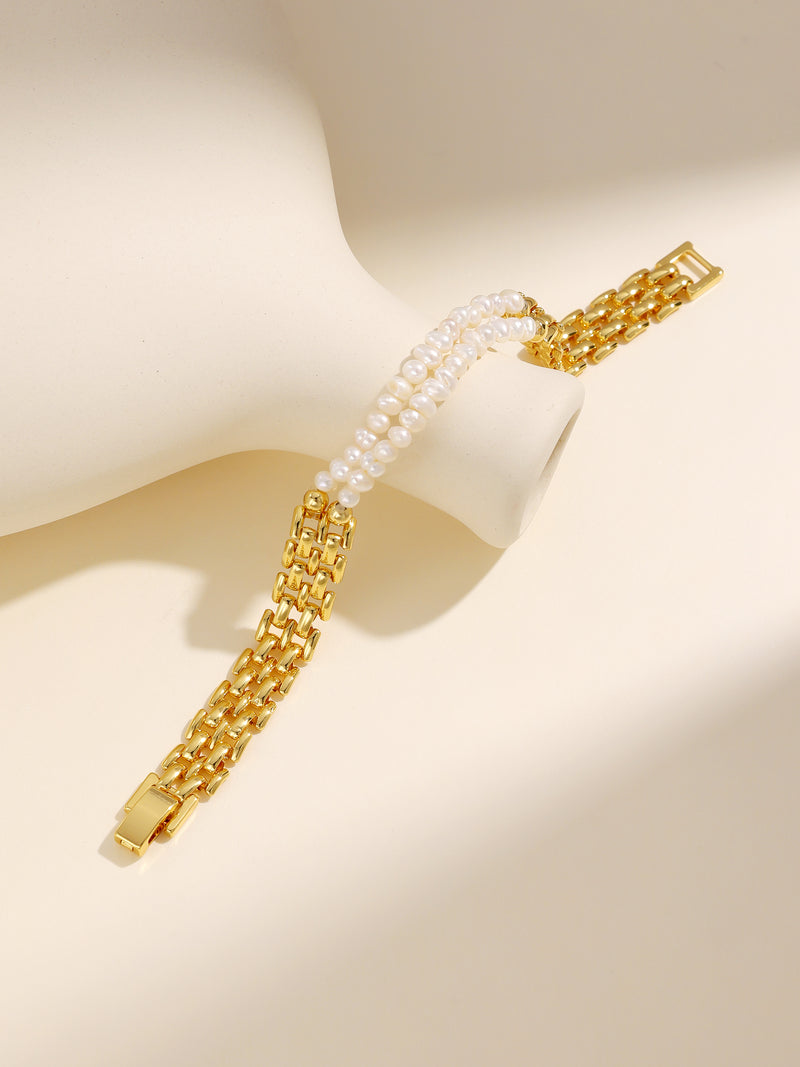Cuban Pearl Chain Decor Gold Bracelet