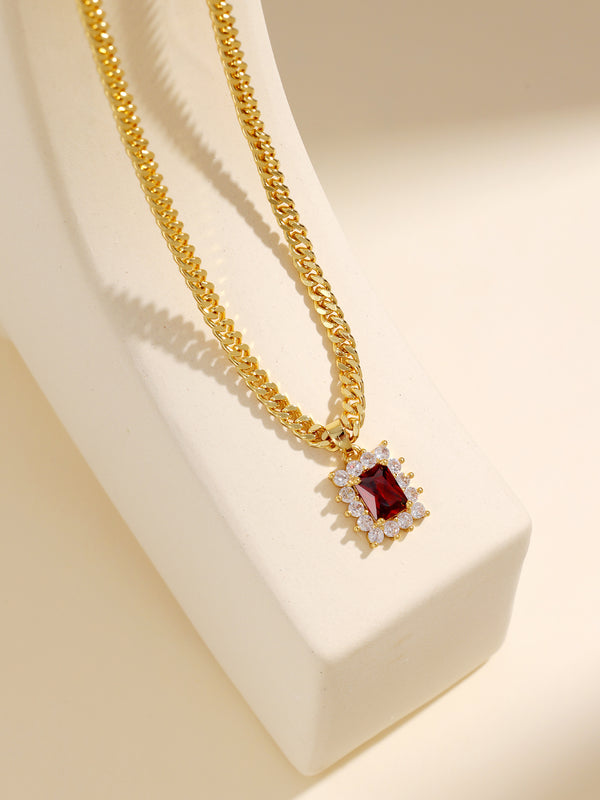 Baroque Diamond Set Square Ruby Pendant Gold Necklace