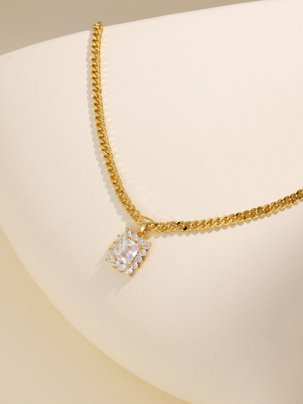 Baroque Square Diamond Pendant Gold Long Necklace