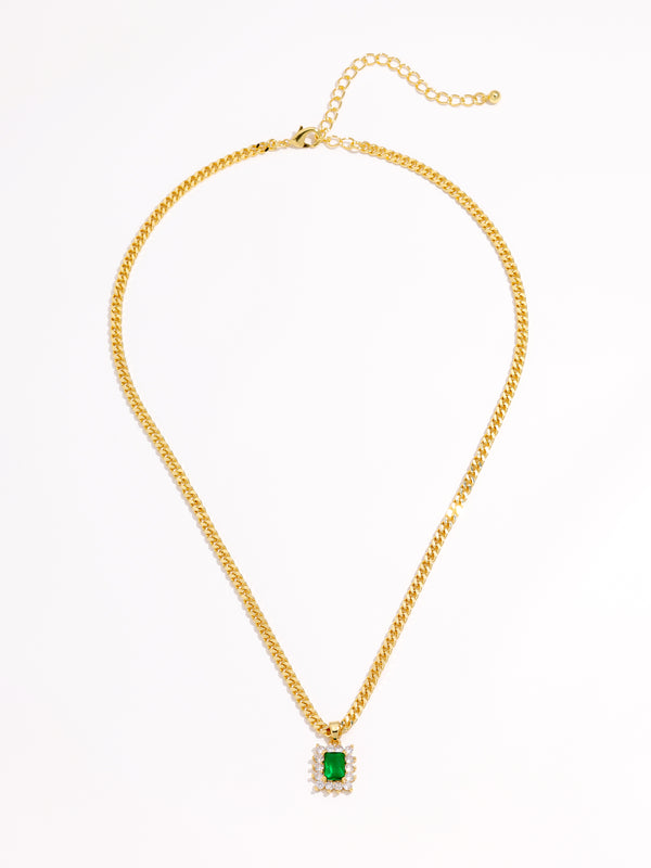 Baroque Diamond Set Square Emerald Pendant Gold Necklace