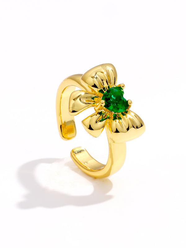 Brilliant Emerald Heart Decor Bow Gold Ring
