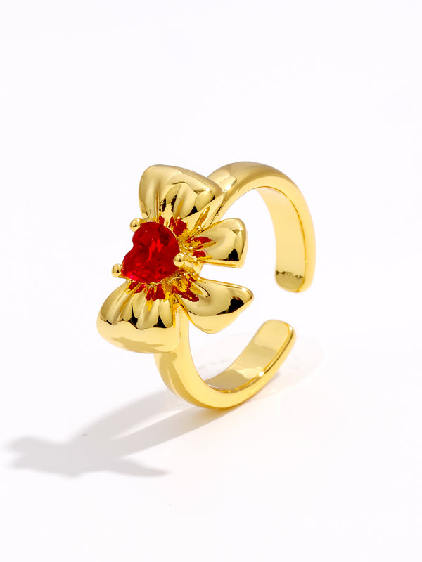 Brilliant Ruby Heart Decor Bow Gold Ring