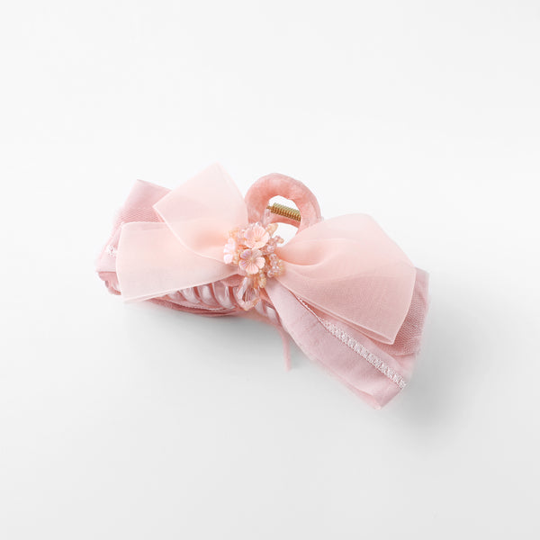 Sweet Bead Flower Decor Pink Bow Clip Hair Accessories