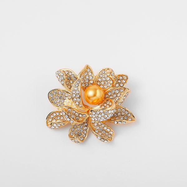 Elegant Gold Diamond Decor Lotus Pearl Brooch