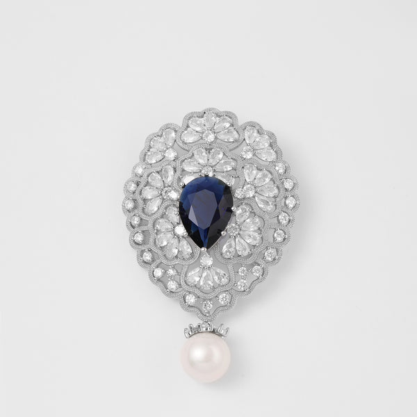 Royal Crystal Falls Sapphire Pearl Pendant Brooch