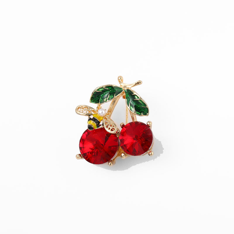 Sweet Crystal Gold Cherry Bee Brooch