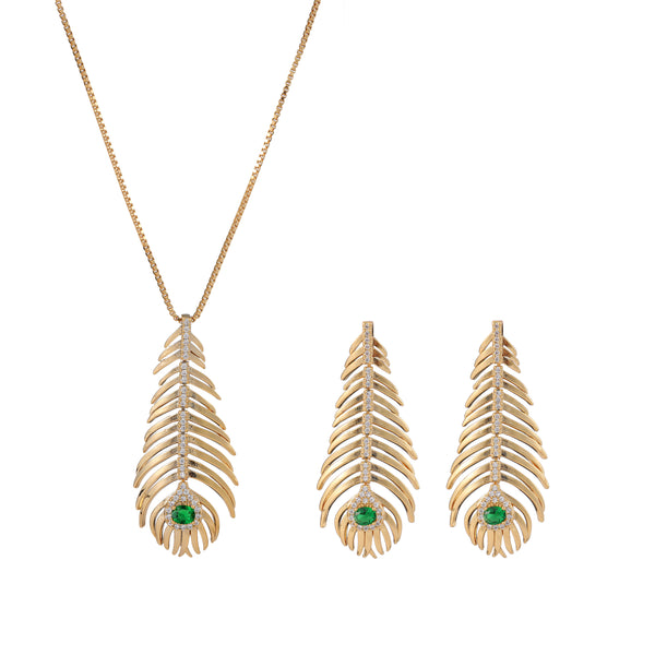 Luxury Gold Emerald Decor Fishbone Pendant Necklace & Earrings Sets