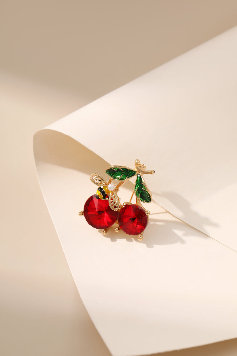 Sweet Crystal Gold Cherry Bee Brooch