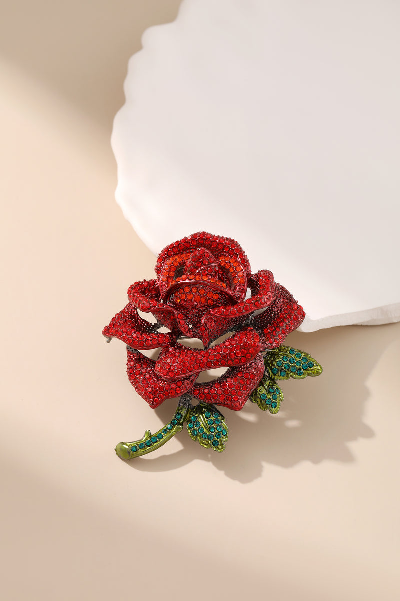 Elegant Red Rose Crystal Brooch