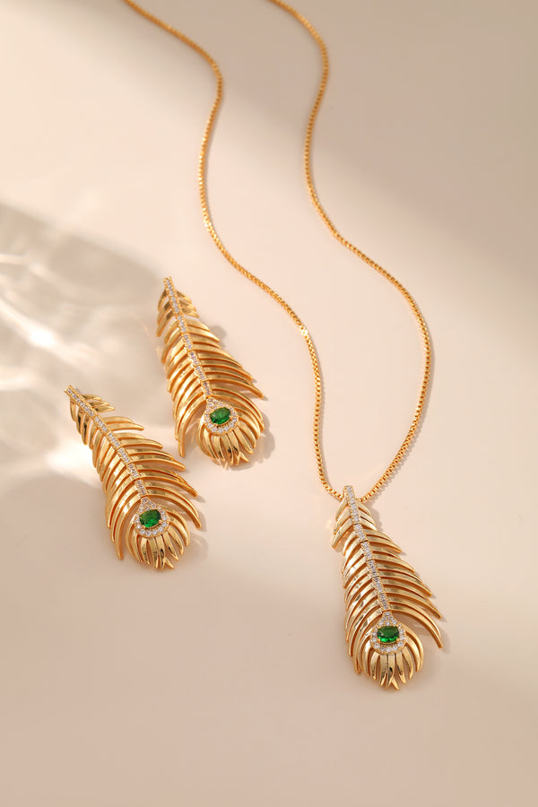 Luxury Gold Emerald Decor Fishbone Pendant Necklace & Earrings Sets